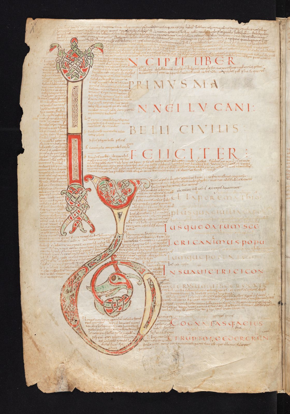 Bern, Burgerbibliothek, Cod. 45, f. 1v – Lucanus: De bello civili; Dracontius: Orestes; Hyginus: De astronomia; Figurae Graecorum.