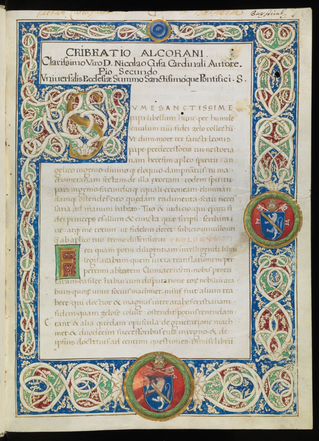Frauenfeld, Kantonsbibliothek Thurgau, Y 39, f. 1r – Nicolaus Cusa: Cribratio Alcorani and Contra Bohemos